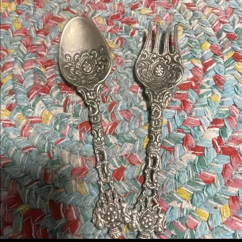 Vintage Solid Brass Ornate Fork & Spoon Pair, Dordini Italy Very Ornate